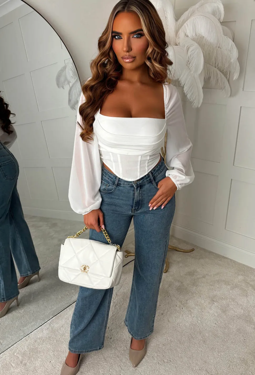 Bryony White Long Sleeve Stretch Corset Top