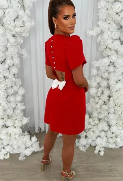 Buttoned Beauty Red Bow Back Mini Dress