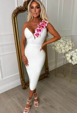 Cali Sunset White Orchid One Shoulder Plunge Dress