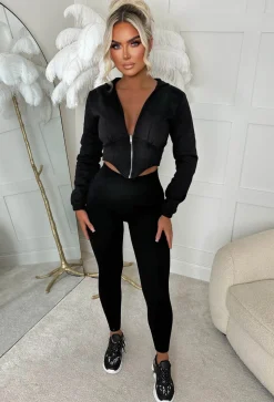 Casual Baddie Black Corset Zip Up Hoodie