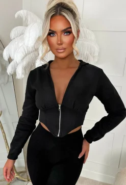 Casual Baddie Black Corset Zip Up Hoodie