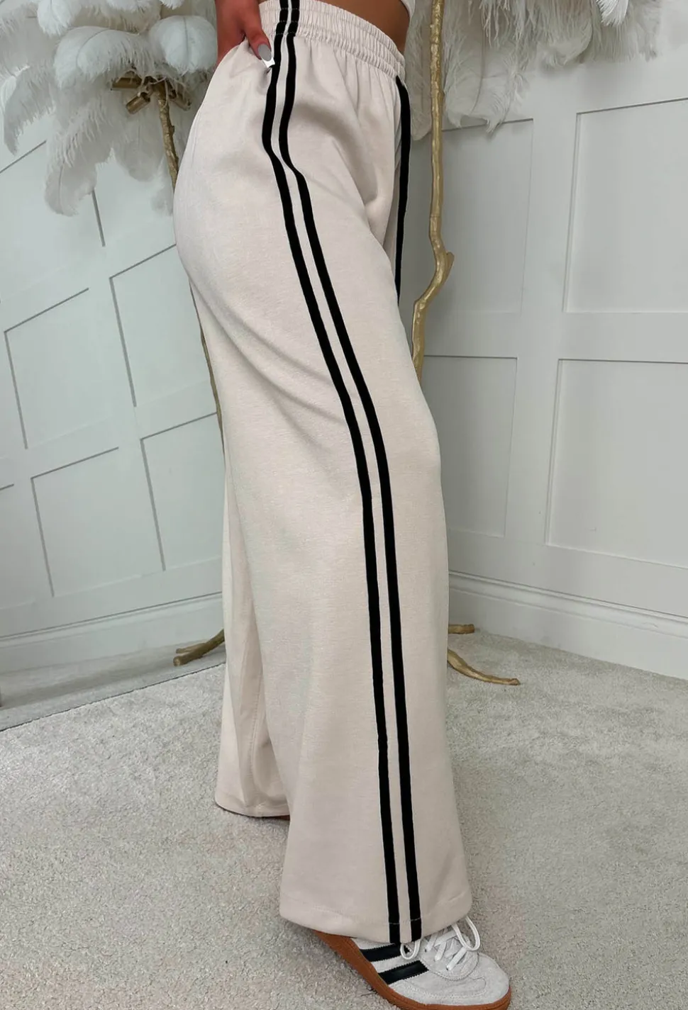 Casual Feelings Cream Side Stripe Wide Leg Joggers