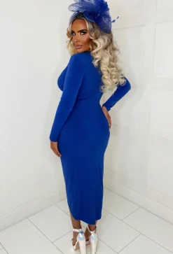 Chasing Romance Cobalt Long Sleeve Stretch Ruched Midi Dress