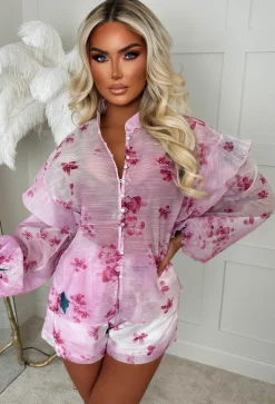 Chaya Pink Floral Pussybow Blouse & Short Co-Ord