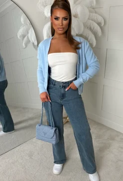 Cheeky Charmer Blue Fluffy V-Neck Diamante Button Cardigan