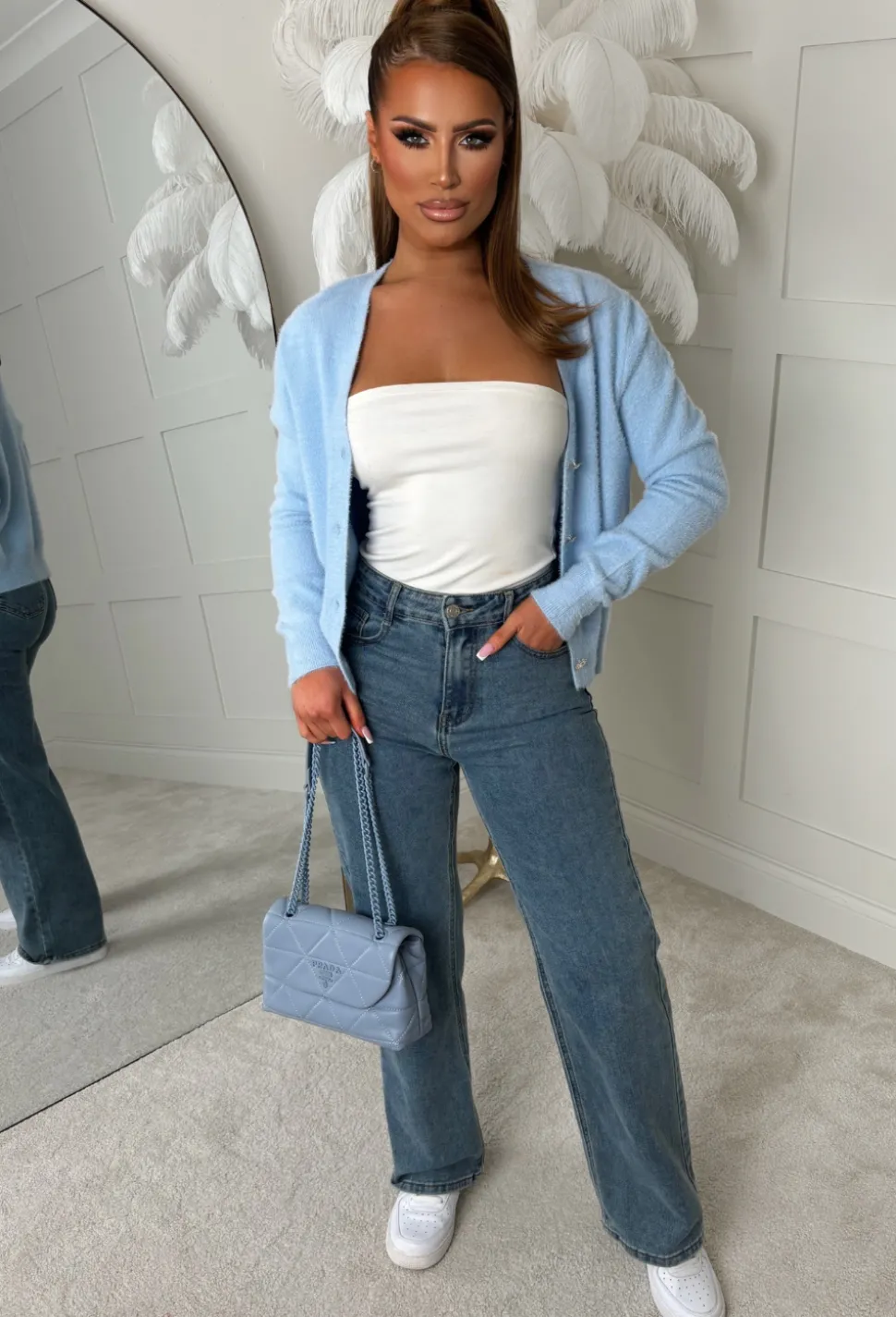 Cheeky Charmer Blue Fluffy V-Neck Diamante Button Cardigan