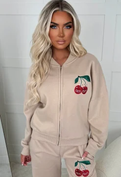 Cherie Beige Cherry Embroidered Loungewear Set