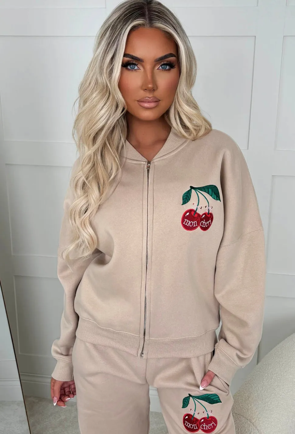 Cherie Beige Cherry Embroidered Loungewear Set