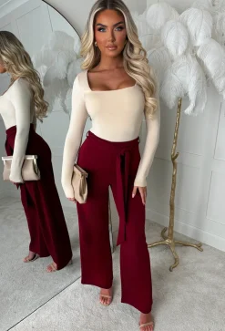 Chic Couture Burgundy Belted Wide Leg Trousers