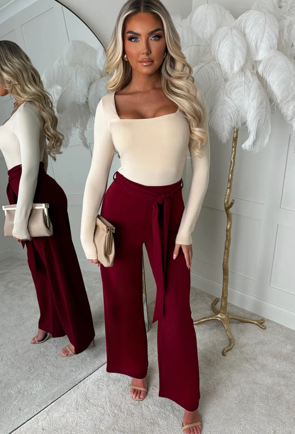 Chic Couture Burgundy Belted Wide Leg Trousers