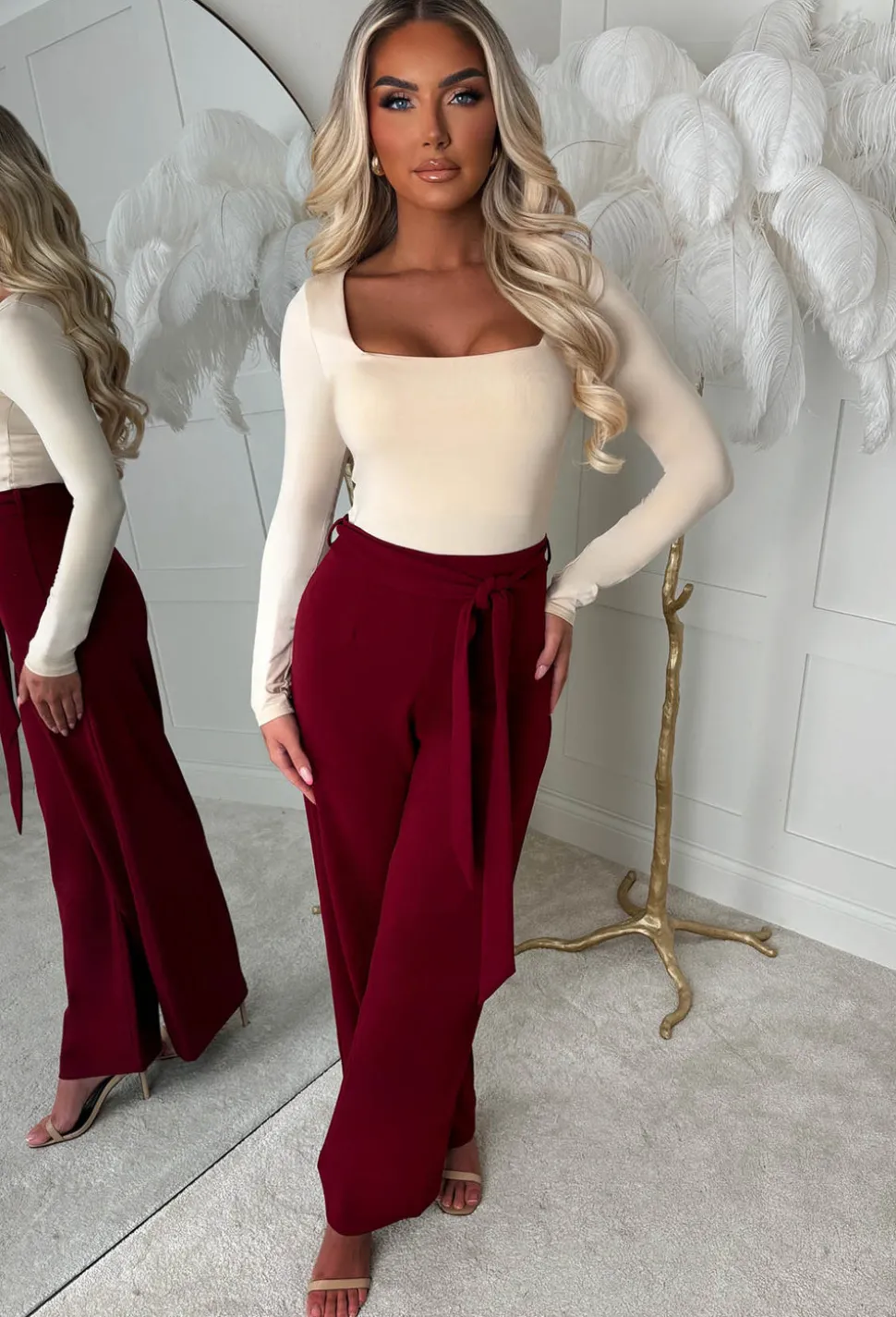 Chic Couture Burgundy Belted Wide Leg Trousers