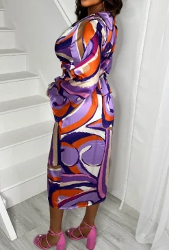 Chic Glamour Purple Marble Pattern Satin Knot Front Midi Dress