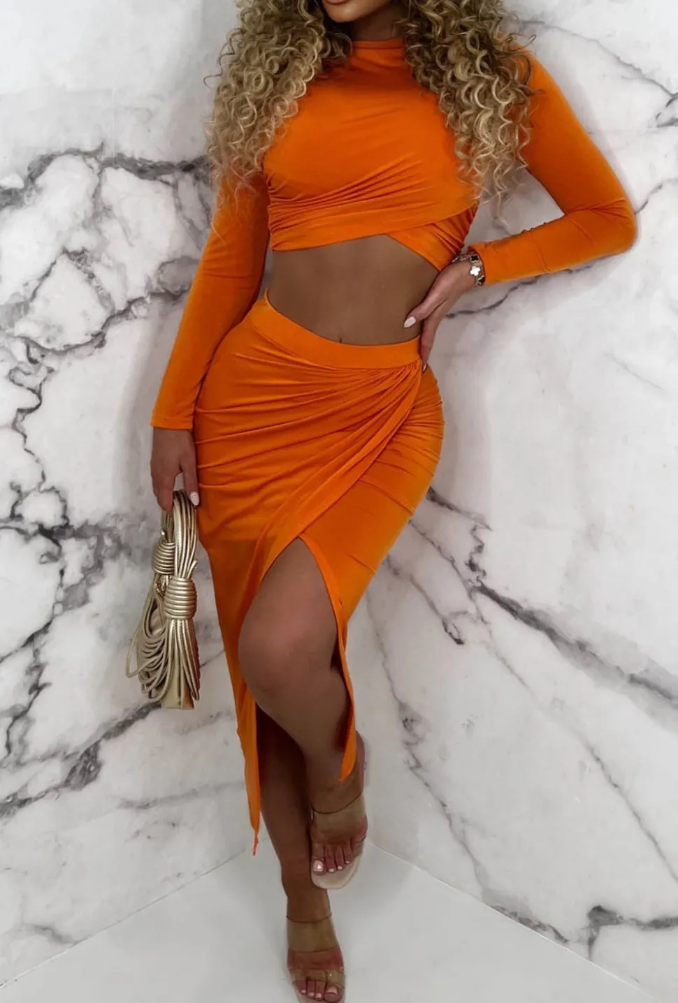 Chic Sleek Coral Stretch Ruched Midi Skirt Co-Ord
