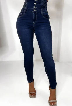 Cinched & Ready Dark Blue High Waist Cinching Push Up Skinny Stretch Jeans