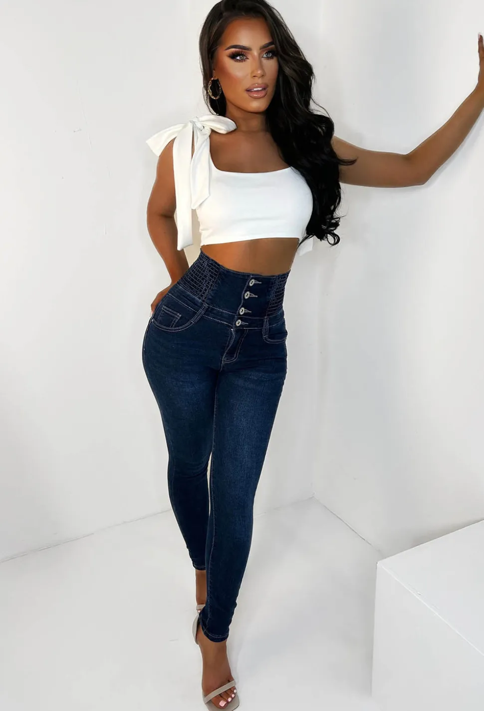 Cinched & Ready Dark Blue High Waist Cinching Push Up Skinny Stretch Jeans