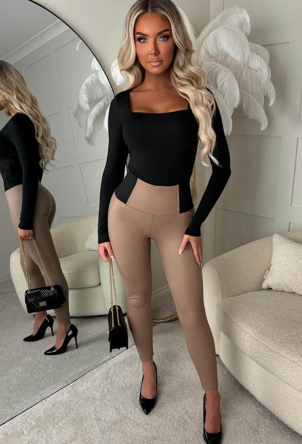Cinched Days Taupe Faux Leather Waist Cinching Trousers