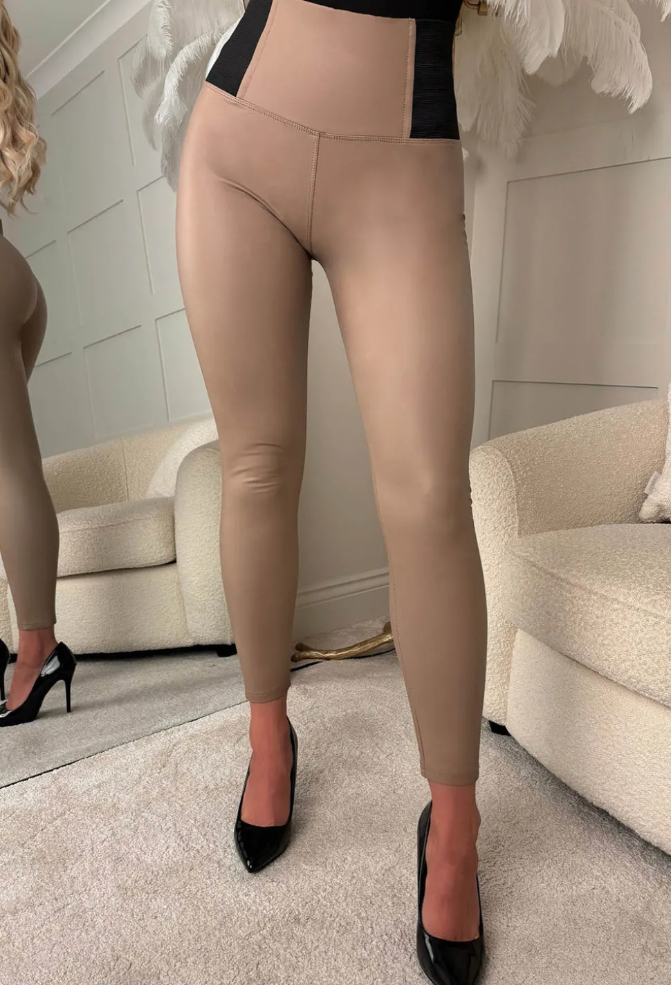 Cinched Days Taupe Faux Leather Waist Cinching Trousers