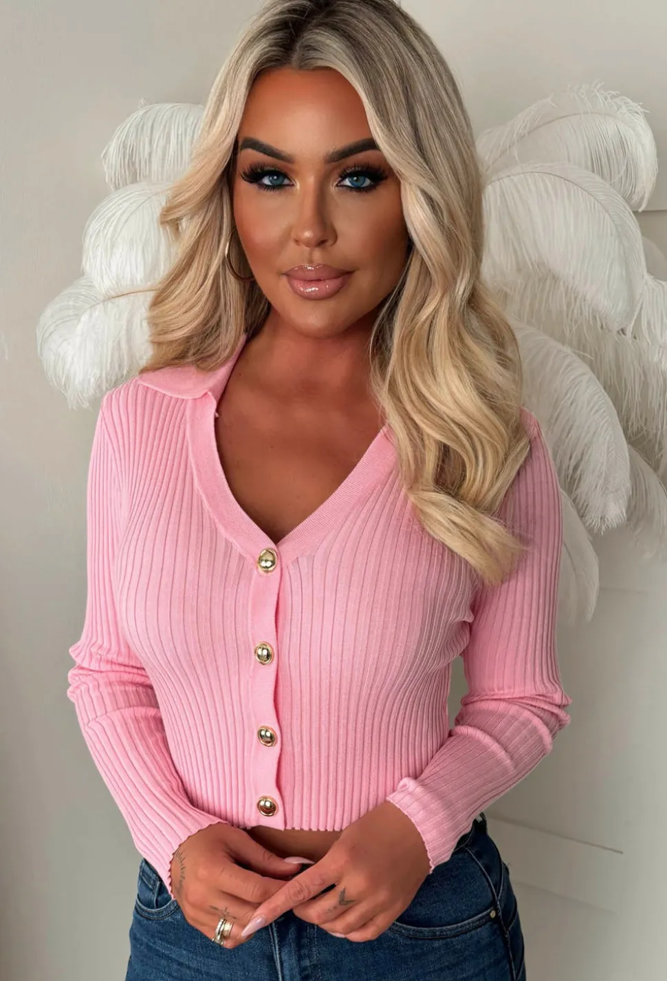 Classic Couture Baby Pink Rib Knit Button V-Neck Jumper
