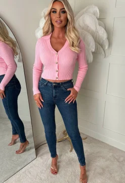 Classic Couture Baby Pink Rib Knit Button V-Neck Jumper