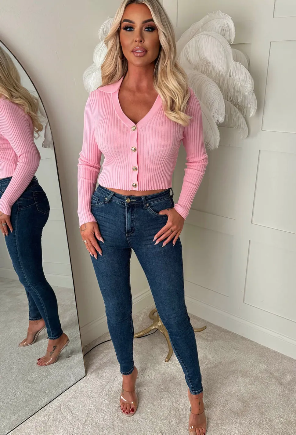 Classic Couture Baby Pink Rib Knit Button V-Neck Jumper