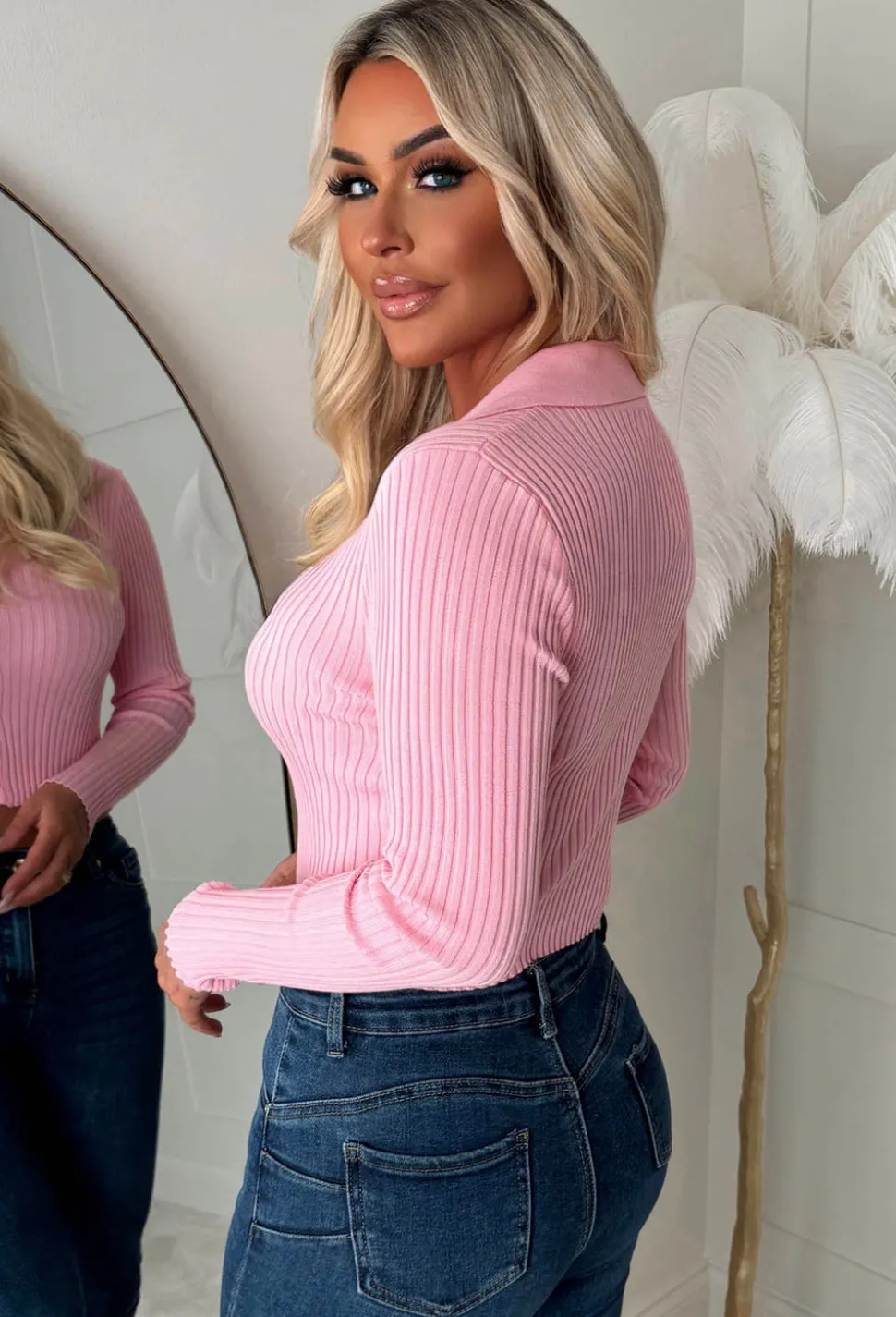 Classic Couture Baby Pink Rib Knit Button V-Neck Jumper