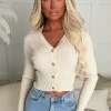 Classic Couture Beige Rib Knit Button V-Neck Jumper