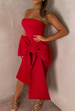 Classy Dream Red Bandeau Bow Skirt Midi Dress