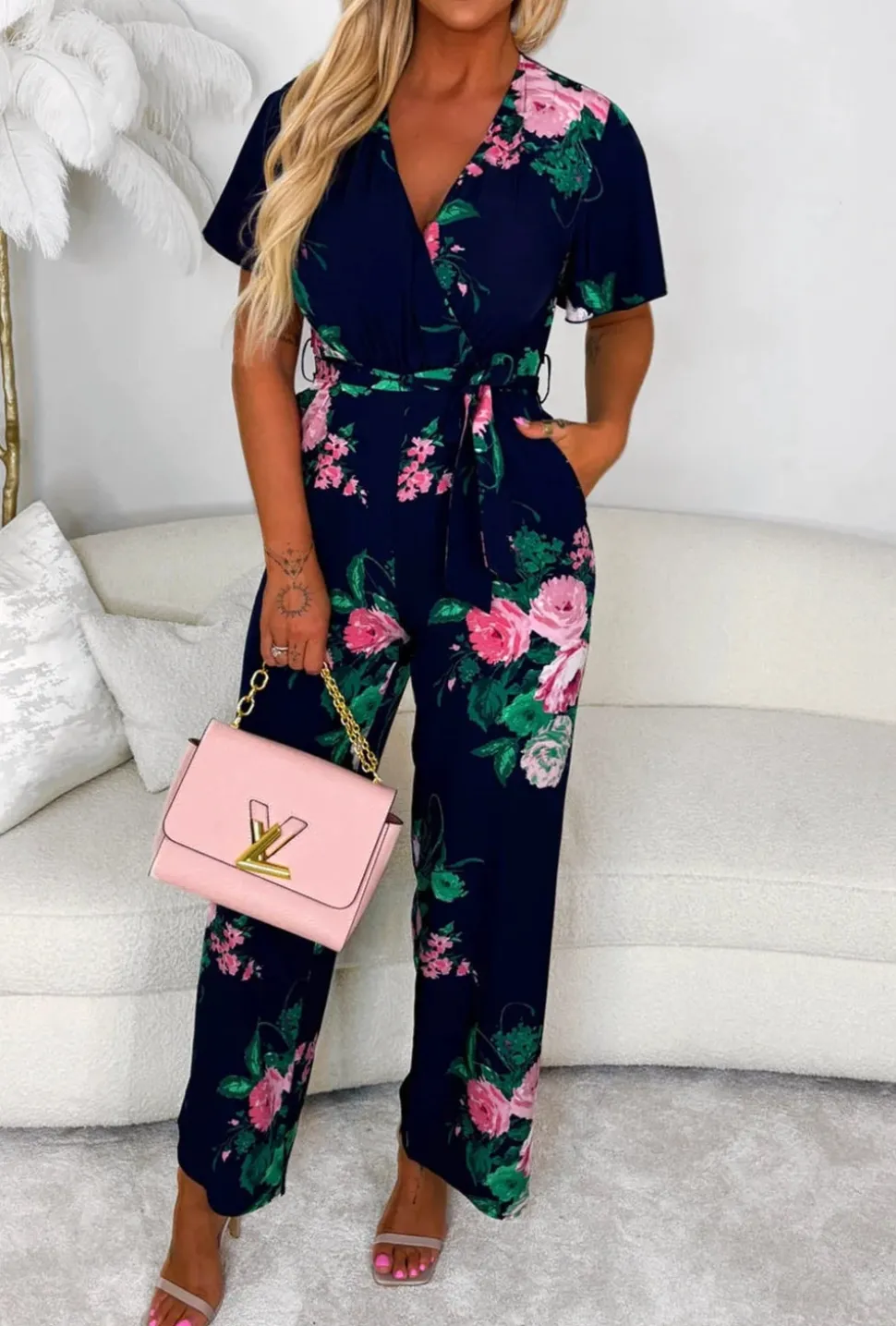 Climbing Rose Navy Tie Waist Cross Front Jumpsuit