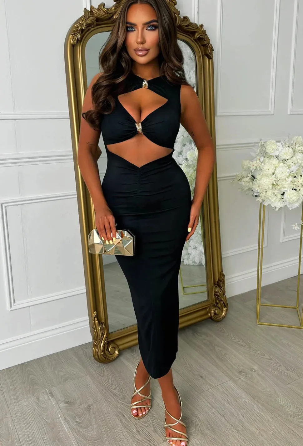 Clio Black Buckle Detail Cutout Midi Dress