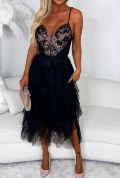Cloud Nine Black Waterfall Mesh Midi Skirt