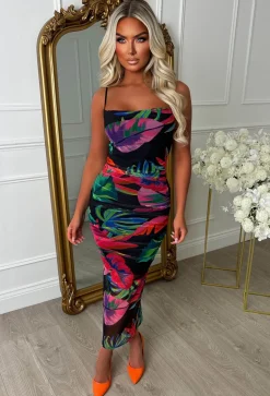 Club Tropicana Multi Tropical Leaf Cowl Neck Ruched Back Midi Dress