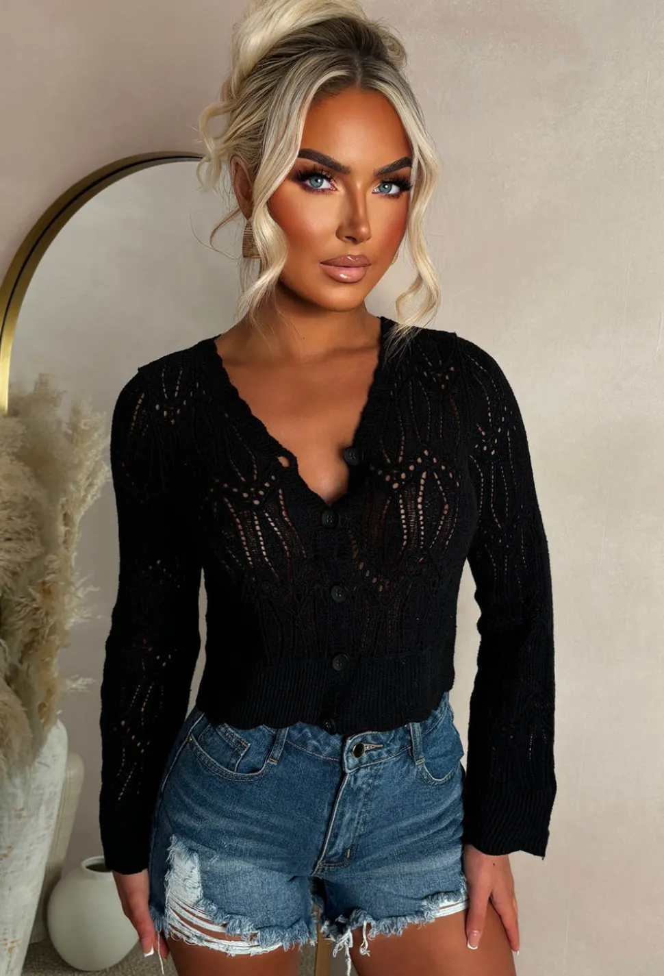 Coastal Chic Black Crochet Knitted Cardigan