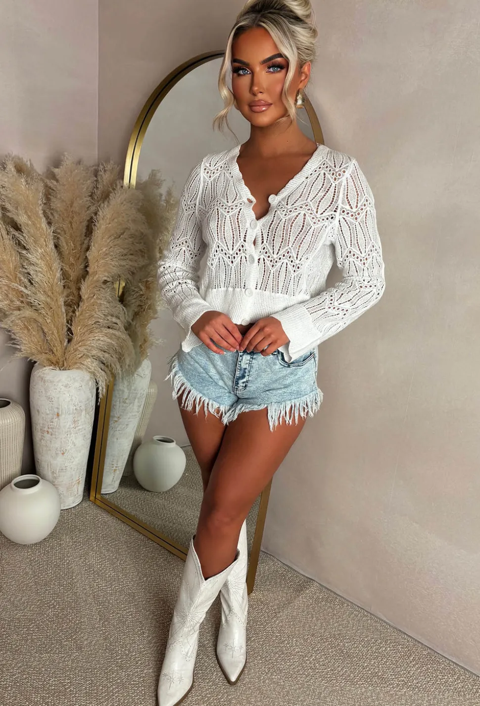 Coastal Chic Cream Crochet Knitted Cardigan