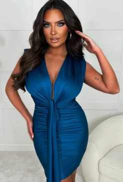 Cocktail Girl Teal Stretch Plunge Ruched Drape Detail Mini Dress