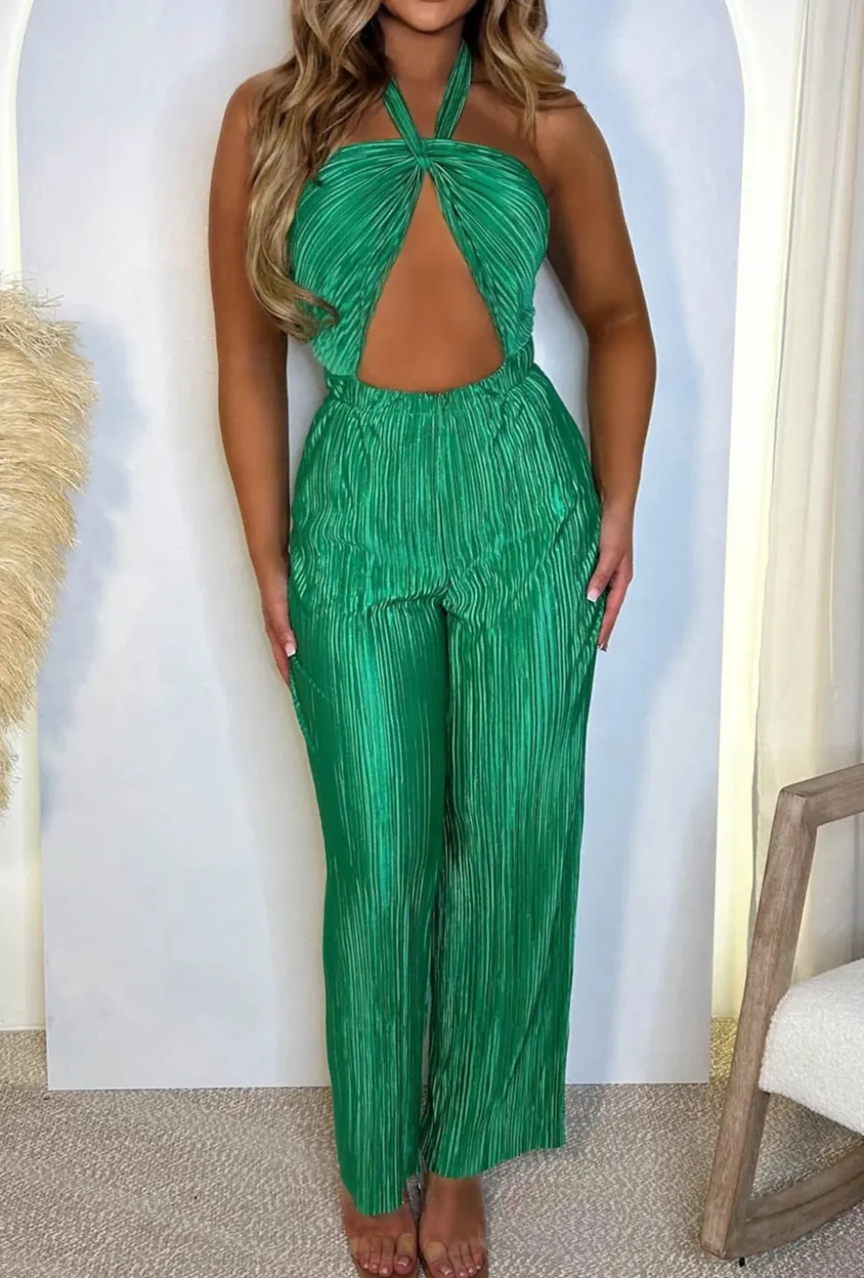 Cocktails O Clock Green Halter Cut Out Shimmer Plisse Jumpsuit