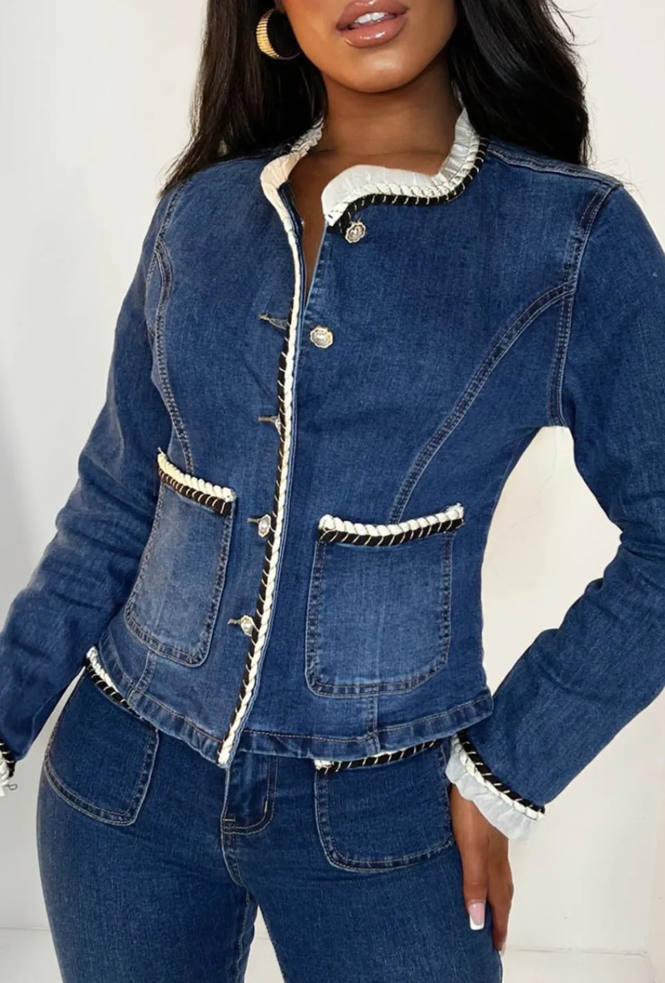 Coco Babe Mid Blue Denim Cropped Collarless Jacket