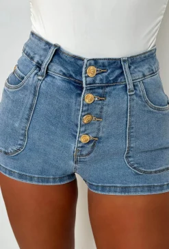 Coco Denim Mid Wash Stretch Denim Gold Button Shorts
