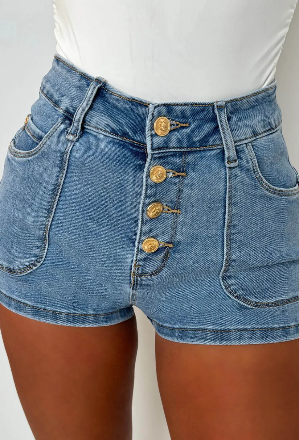 Coco Denim Mid Wash Stretch Denim Gold Button Shorts