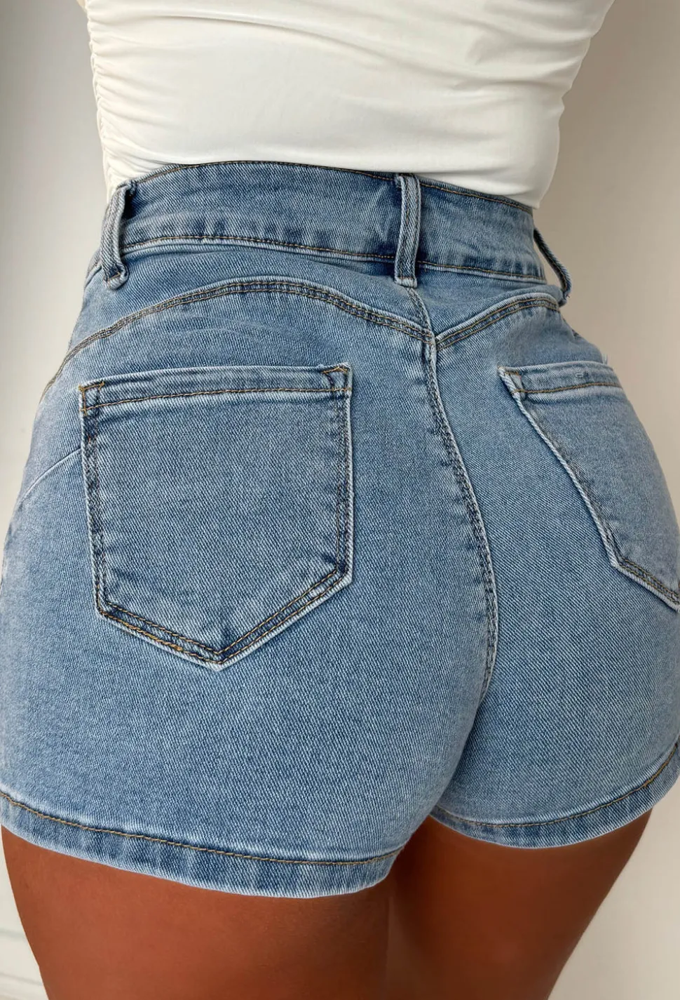 Coco Denim Mid Wash Stretch Denim Gold Button Shorts