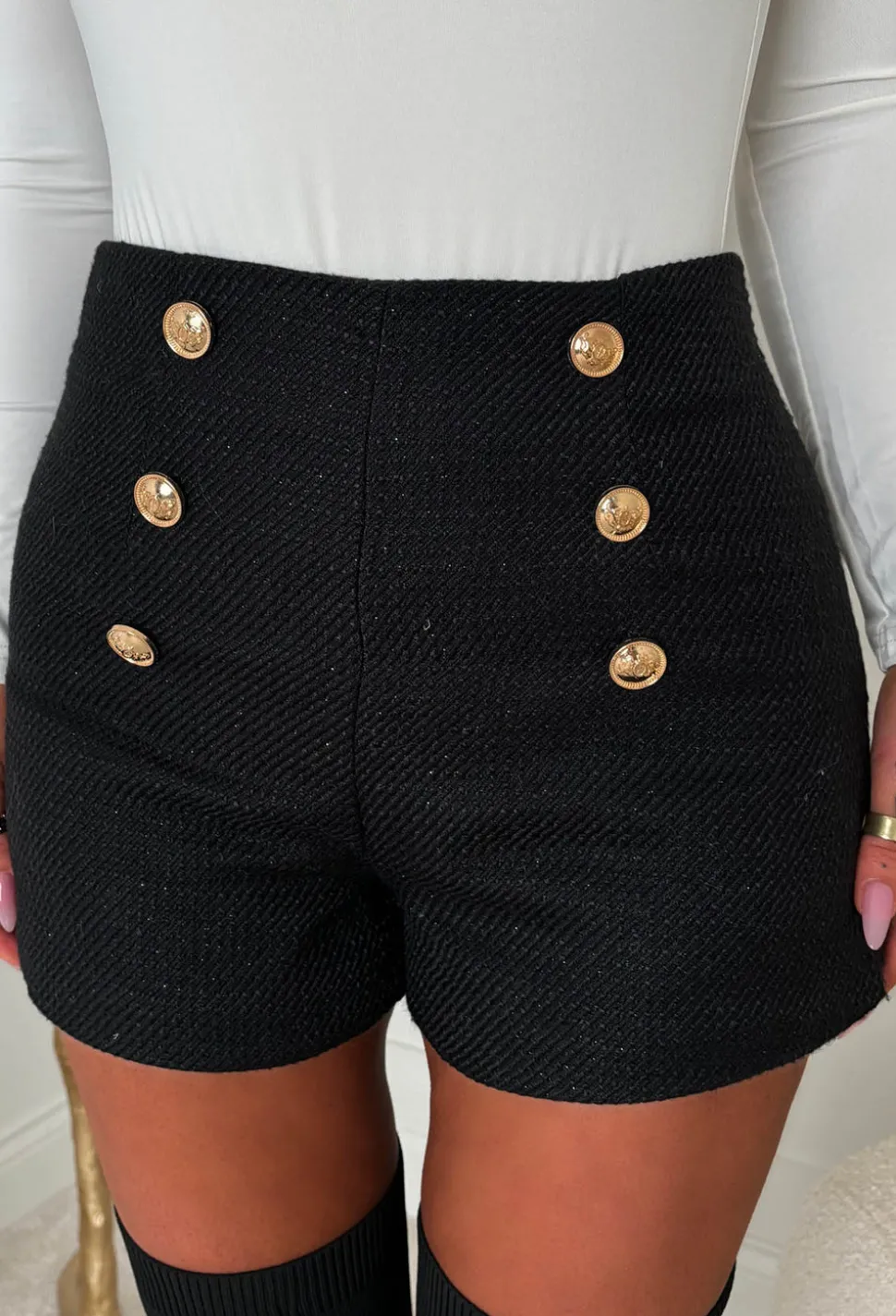 Coco Fever Black Tweed Button Front Shorts