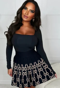 Coco Legend Black Knitted Link Print Pleated Mini Skirt