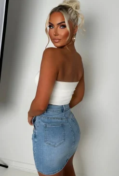 Coco Vibes Mid Wash Stretch Denim Gold Button Mini Skirt
