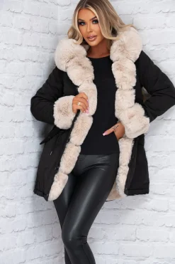 Cocoa Kisses Black Faux Fur Trim Parka Coat