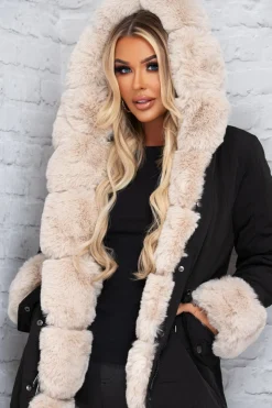 Cocoa Kisses Black Faux Fur Trim Parka Coat