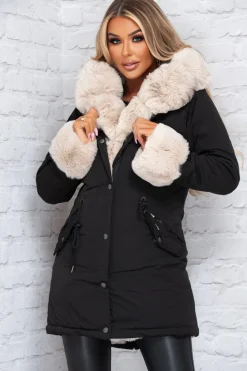 Cocoa Kisses Black Faux Fur Trim Parka Coat
