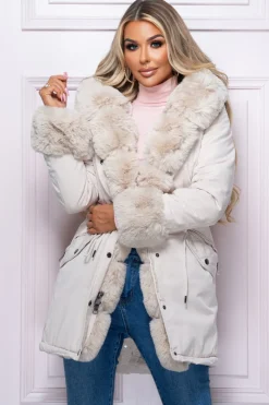 Cocoa Kisses Cream Faux Fur Trim Parka Coat