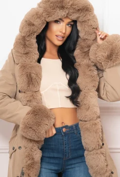 Cocoa Kisses Tan Fur Trim Parka Coat