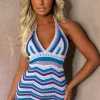 Colourful Dreams Multi Zig Zag Striped Crochet Halterneck Mini Dress