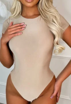 Cool Attire Beige Round Neck Stretch Short Sleeve Bodysuit
