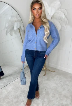 Cool Girl Mood Blue Luxury Soft Knit Button Cardigan